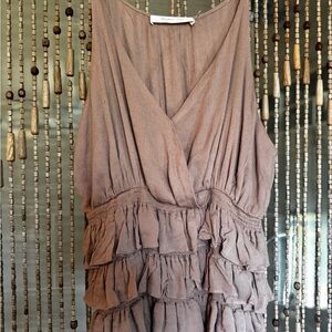 Tiered Ruffle surplice peplum tank top in taupe